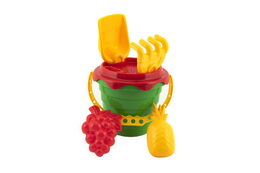 Sada na písek plast kbelík se sítkem 15x13cm, lopatka, hrabičky, 2 bábovky 4 barvy v síťce 12m+