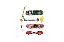 Sada skateboard šroubovací, koloběžka prstová, waveboard plast s doplňky mix druhů na kartě 16x30cm