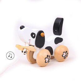 Teddies Pes/Pejsek s rolničkou tahací dřevo v krabici 22x14x10cm  12m+