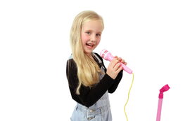 Mikrofon karaoke růžový plast na baterie se světlem v krabici 17x34x7cm