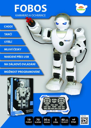 Robot RC FOBOS plast interaktivní chodící 40cm česky mluvící na baterie s USB v krabici 31x45x13cm