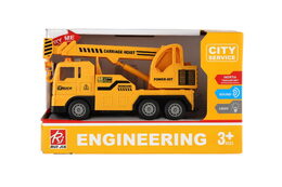 Auto jeřáb plast 16cm na setrvačník na baterie se světlem se zvukem v krabici 21x13x9cm