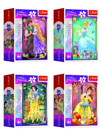 Minipuzzle Krásné princezny/Disney Princess 54dílků 4 druhy v krabičce 6x9x4cm 40ks v boxu