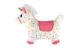 Hopsadlo jednorožec plyš bílý s hvězdičkami výš. sedla 23cm na bat. se zvukem v krab. 35x22cm 12m+