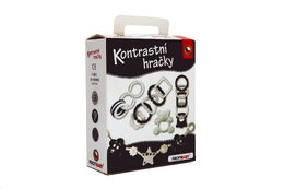 Kontrastní hračky plast chrastítko, kousátko, zábrana na kočárek v krabičce 15x18x6cm 0m+