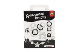Kontrastní hračky plast chrastítko, kousátko, zábrana na kočárek v krabičce 15x18x6cm 0m+