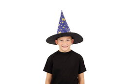 Klobouk čarodějnický pro děti průměr 38cm modro-zlatý v sáčku karneval