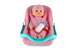 Panenka miminko 30cm plast v nosítku/autosedačce s lahvičkou v blistru