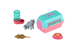 Mazlíček/kočka s přenosným boxem plast 4cm s doplňky 4 druhy na kartě 12,5x25x5cm
