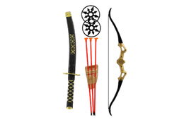 Ninja sada plast meč, hvězdice 2ks, luk + šípy na přísavku 3ks v sáčku 17x60x5cm