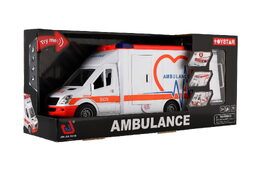 Auto ambulance plast 28cm s lehátkem na setrvačník se světlem se zvukem v krabici 39x18x12cm