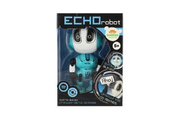 Robot ECHO opakující věty kovový 12cm modrý na baterie se zvukem se světlem v krabičce 10,5x15x5,5cm