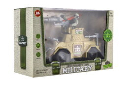 Vojenská sada obrněné auto+voják s doplňky plast na volný chod v krabici 27x18x12cm