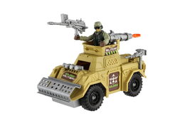 Vojenská sada obrněné auto+voják s doplňky plast na volný chod v krabici 27x18x12cm