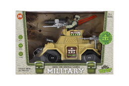 Vojenská sada obrněné auto+voják s doplňky plast na volný chod v krabici 27x18x12cm