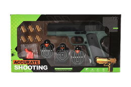 Pistole na pěnové náboje plast 19cm + terče 3ks, náboje 6ks v krabici 34x18x4,5cm