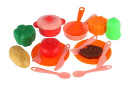 Sada nádobí v ošatce plast s doplňky v síťce 20x20x7cm