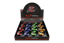 Motorka silniční plast 13cm na zpětné natažení na baterie se světle, zvukem 4 barvy 12ks v boxu