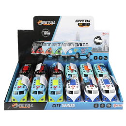 Autobus retro kov/plast 12cm na baterie se zvukem se světlem na zpětné natažení 4 barvy 12ks v boxu