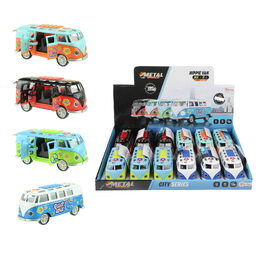 Autobus retro kov/plast 12cm na baterie se zvukem se světlem na zpětné natažení 4 barvy 12ks v boxu