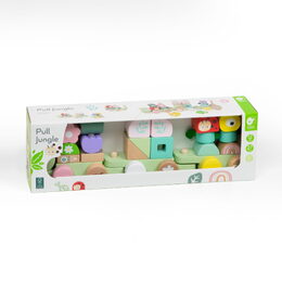 Vlak + 2 vagóny jungle dřevo tahací stavebnice 27 dílků v krabici 38x12x8cm 12m+