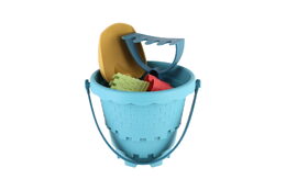 Sada na písek plast kbelík, lopatka, hrabičky, 3 formičky  3 barvy v síťce