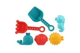 Sada na písek plast lopatka,hrabičky,formičky 4ks v síťce 10x16cm 18m+