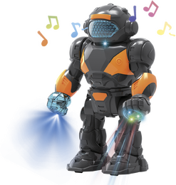 Robot chodící plast 22cm na baterie se světlem se zvukem v krabici 18x24,5x9cm