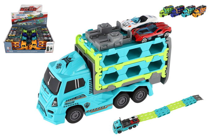 Auto kamion přepravník + auto 2ks plast 22cm na setrvačník 4 barvy 8ks v boxu