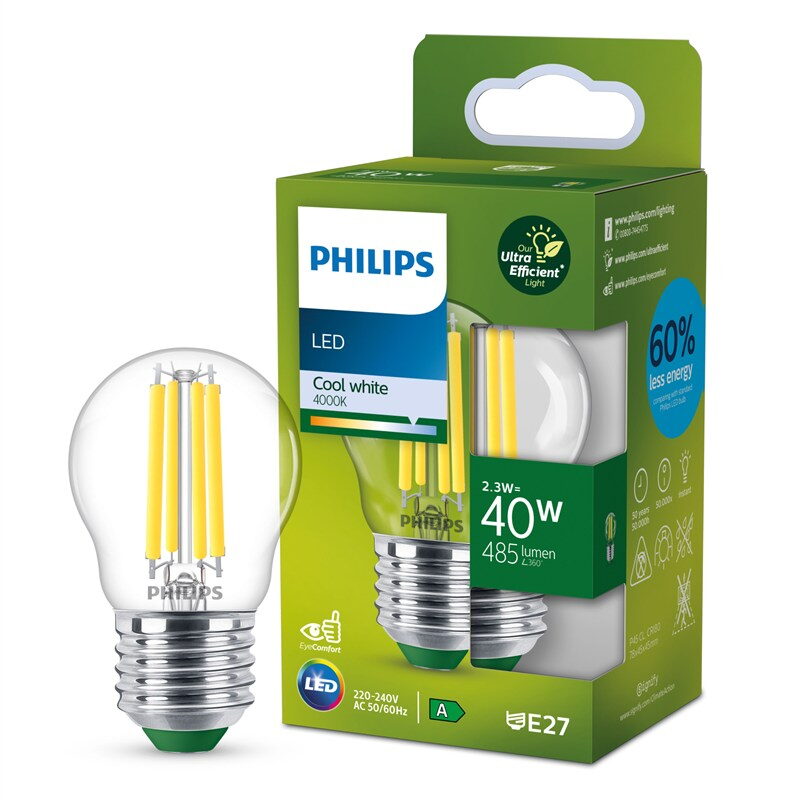 Žárovka LED Philips 40W, filament, P45, E27, neutrální bílá