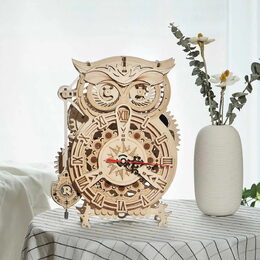 RoboTime 3D dřevěné mechanické puzzle Soví hodiny