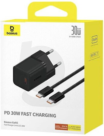 Nabíječka do sítě Baseus GaN5 30W s USB-C/USB-C kabelem 100W 1m, 1xUSB-C černá