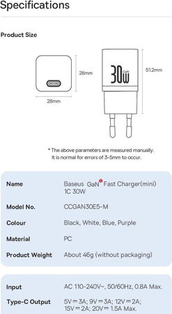 Nabíječka do sítě Baseus GaN5 30W s USB-C/USB-C kabelem 100W 1m, 1xUSB-C černá