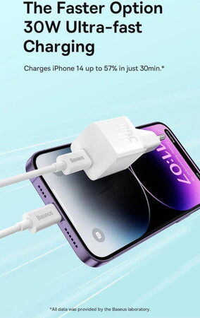 Nabíječka do sítě Baseus GaN5 30W s USB-C/USB-C kabelem 100W 1m, 1xUSB-C černá
