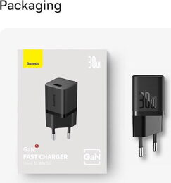 Nabíječka do sítě Baseus GaN5 30W s USB-C/USB-C kabelem 100W 1m, 1xUSB-C černá