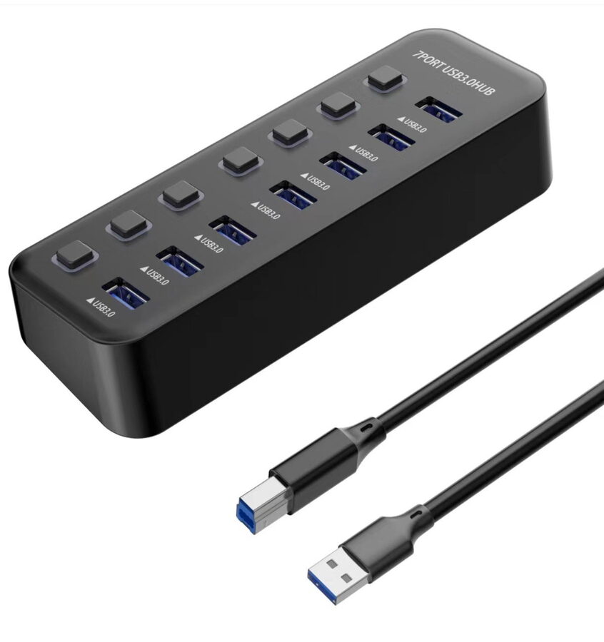 USB hub PremiumCord USB 3.2 na 7x USB 3.0 s vypínači portů, černý