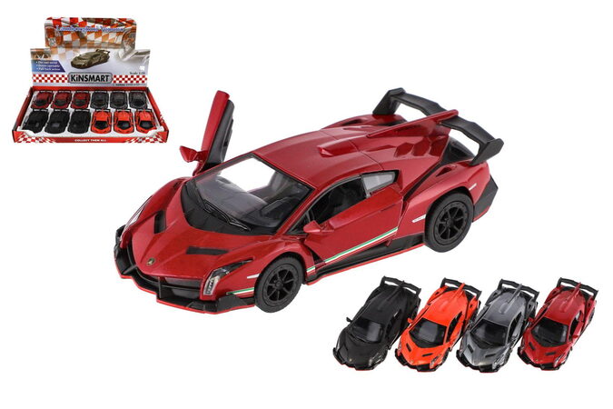 Auto Kinsmart Lamborghini Veneno kov 13cm na zpětné natažení asst 4 barvy 12ks v