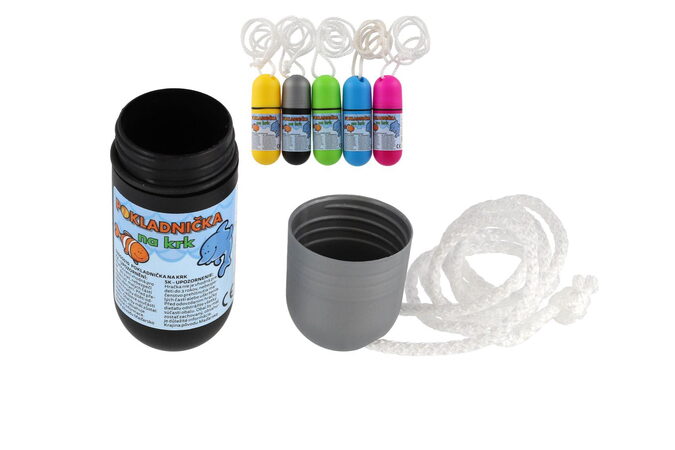 Teddies pokladnička na krk se šňůrkou 11,5cm plast asst 5 barev vodotěsná