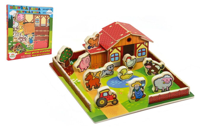 Teddies Domeček dřevěná farma Moje první zvířátka 31x31cm 28ks+podložka v krabici MPZ