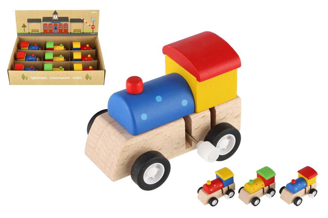 Teddies Mašinka na klíček dřevo 7cm asst 3 barvy 9ks v boxu