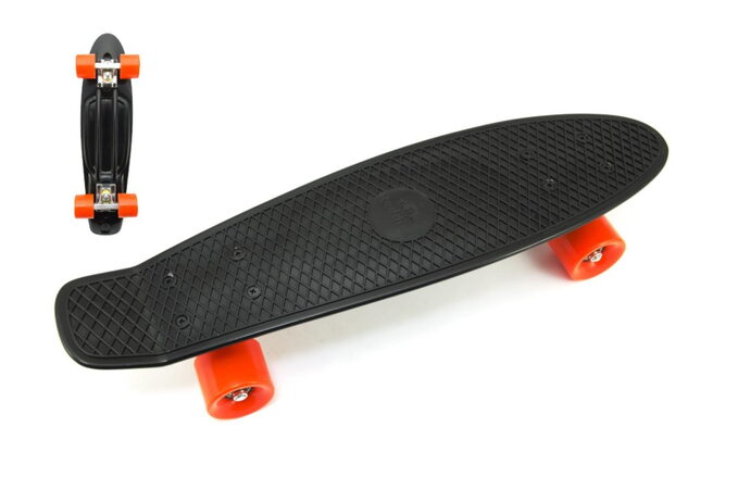 Teddies 49474 Skateboard - pennyboard 60cm nosnost 90kg, kovové osy, černá barva, oranžová kol
