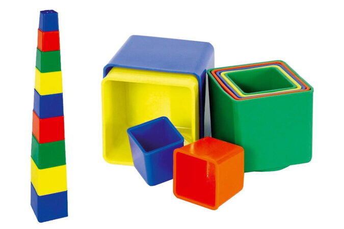 Směr Kubus pyramida skládanka hranatá plast asst 4 barvy 9ks v sáčku 9x9x9cm 12m+