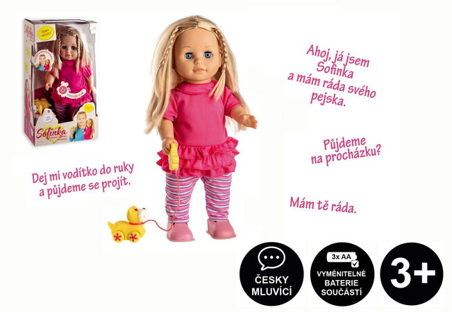 Teddies Panenka Sofinka s pejskem chodící a mluvící plast 42cm na baterie se zvukem 26x44x13cm