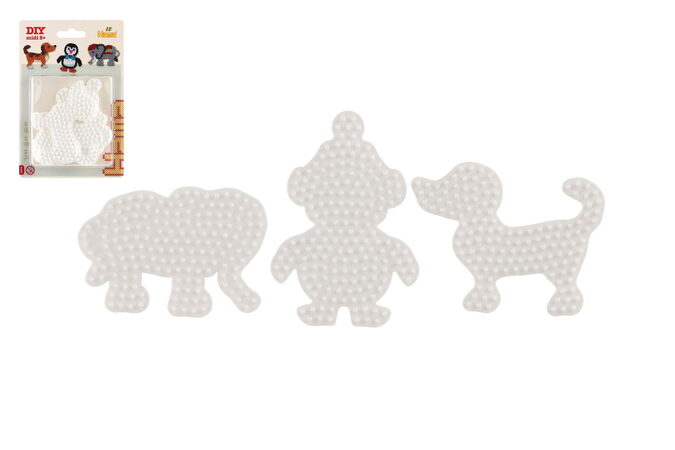 Podložka na zažehlovací korálky slon,tučňák,pejsek plast 3ks na kartě 12x18x3cm