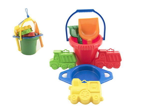 Lori 218 Kbelík sítko lopatka hrabičky 3 bábovky plast v síťce 20x28x12cm 12m+