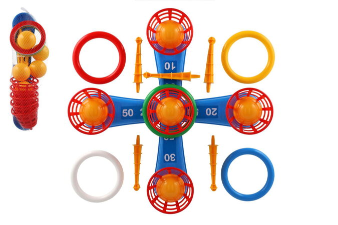 Teddies Házecí hra plast kříž s kruhy + košíčky s míčky v síťce