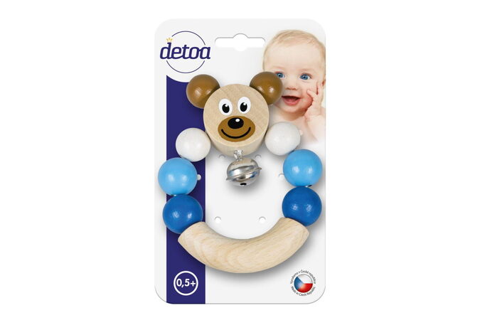 Detoa Chrastítko/Hrkadlo medvěd modrý dřevo 7x9cm na kartě 6m+