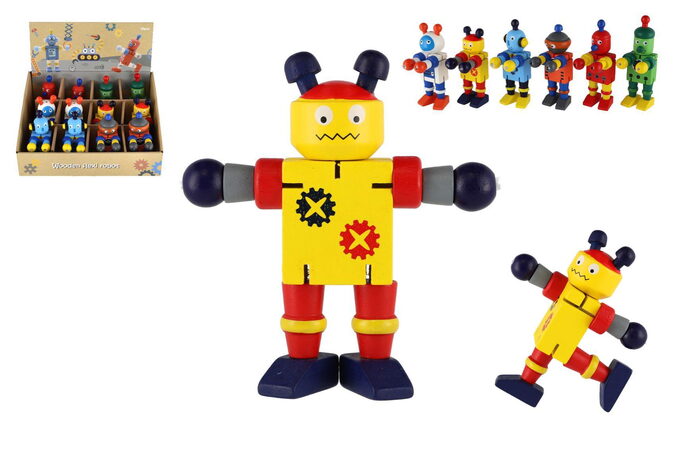 Teddies Robot dřevo 12cm 6 druhů 12ks v boxu od 18 měsíců