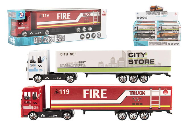 Teddies Kamion s návěsem 19cm kov/plast na volný chod 4 barvy v krabičce 20x6x4cm 24ks v boxu