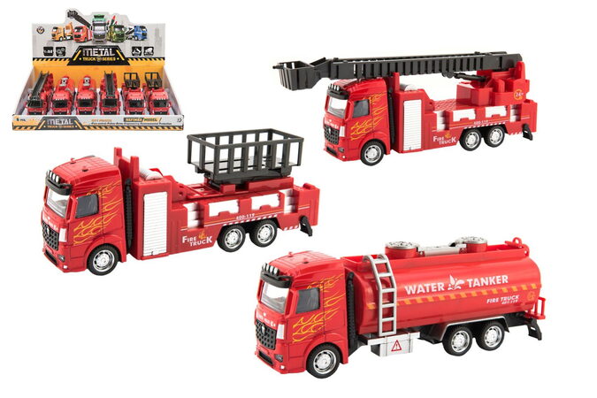 Teddies Auto hasiči kov/plast 21-23cm na zpětné natažení 3 druhy 6ks v boxu